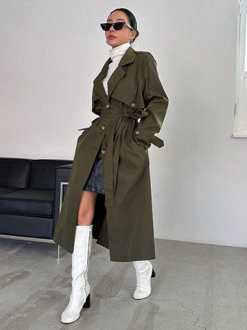 DAZY Lapel Neck Double Breasted Belted Trench Coat shein