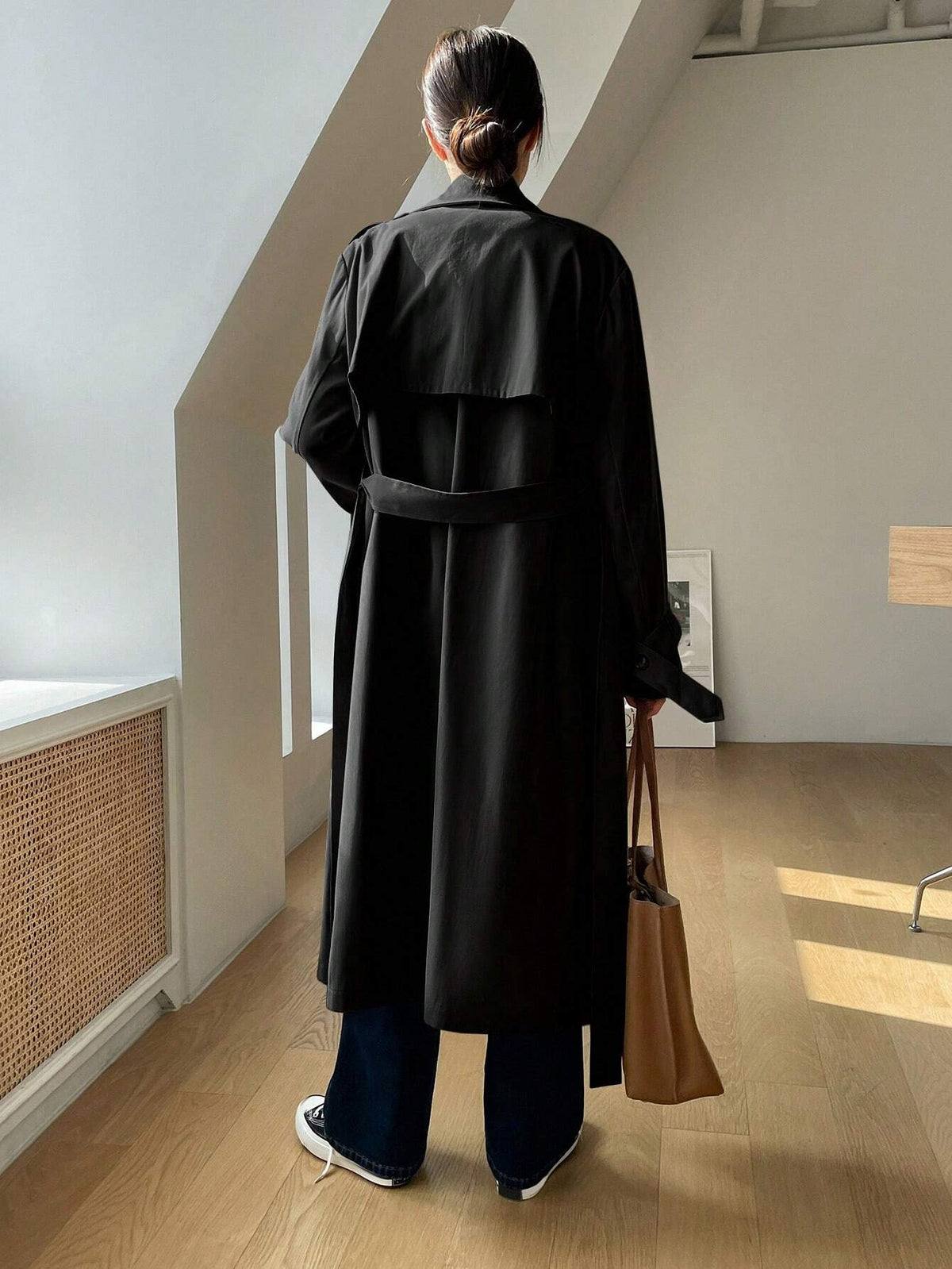 DAZY Lapel Neck Double Breasted Belted Trench Coat shein