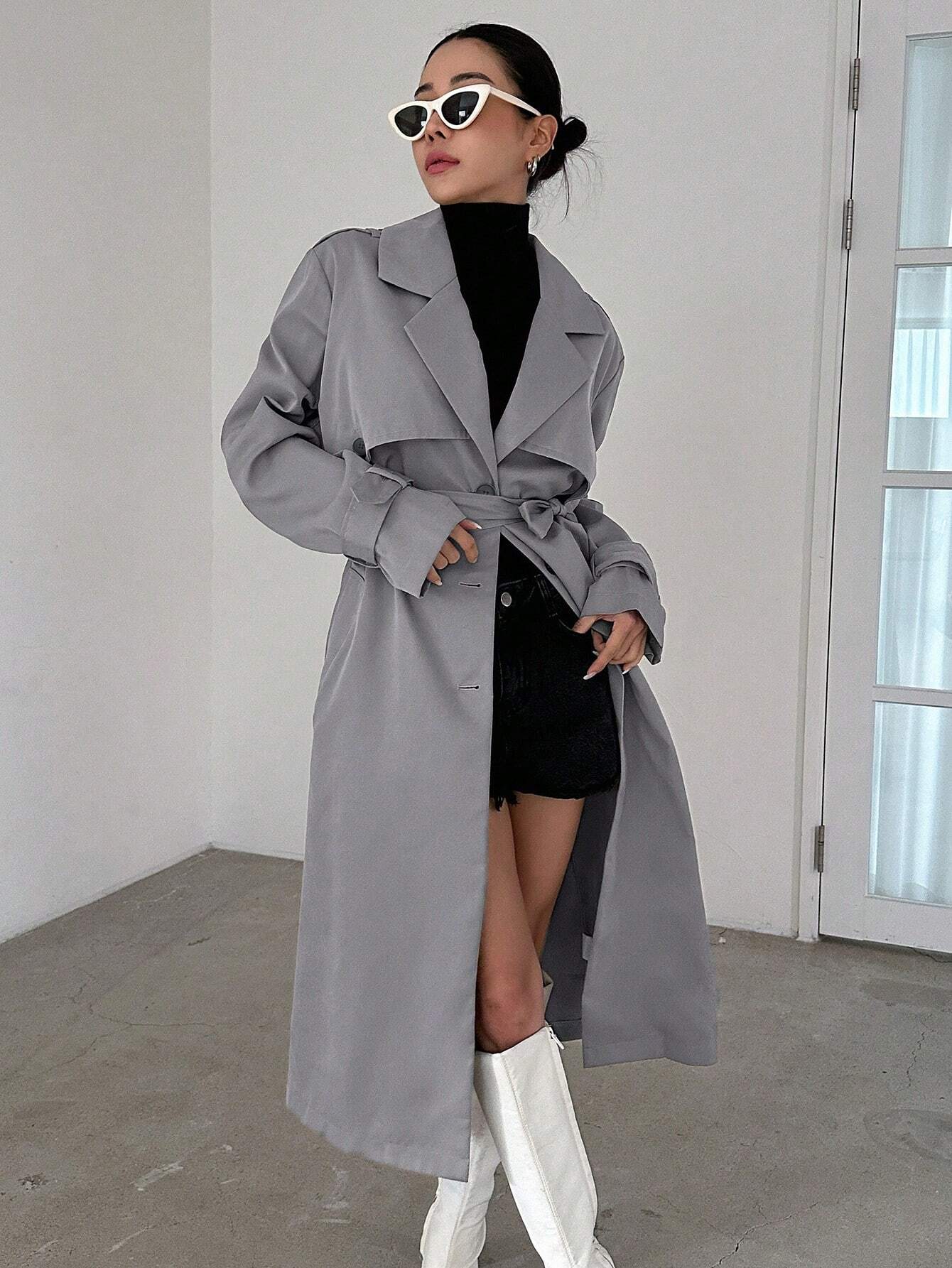 DAZY Lapel Neck Double Breasted Belted Trench Coat shein