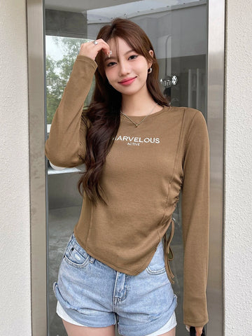 DAZY Letter Graphic Drawstring Side Asymmetrical Hem Tee shein