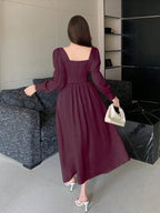 DAZY Pleated Empire Waist Buttoned Decor Lantern Sleeve Dress shein