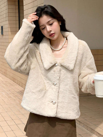 DAZY Solid Button Front Drop Shoulder Teddy Jacket shein