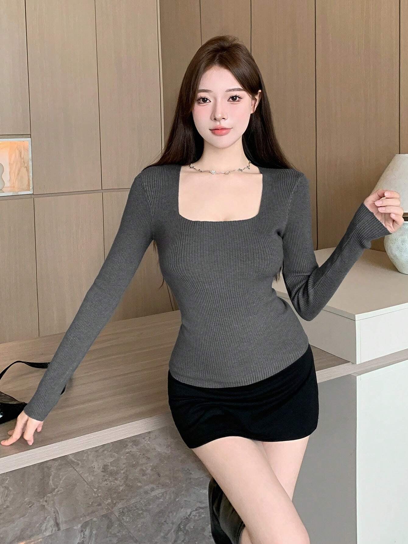 DAZY Solid Square Neck Ribbed Slim Sweater shein