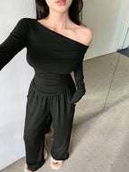 DAZY Women'S Long Sleeve Asymmetric Neckline T-Shirt And Pants Set shein