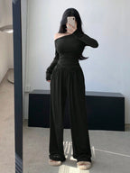 DAZY Women'S Long Sleeve Asymmetric Neckline T-Shirt And Pants Set shein