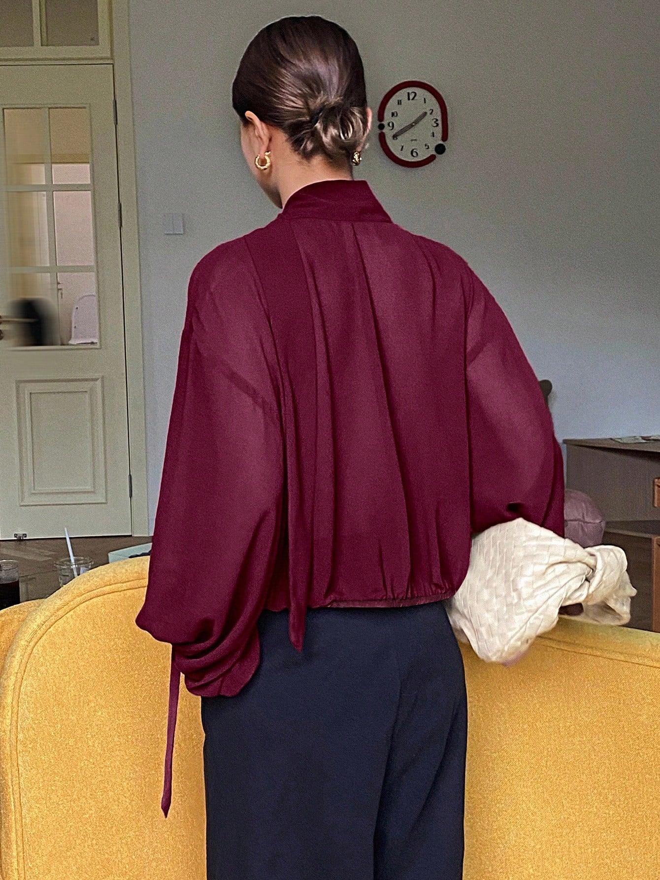 Women Loose Solid Color Long Sleeve Tie Shirt Blouse shein