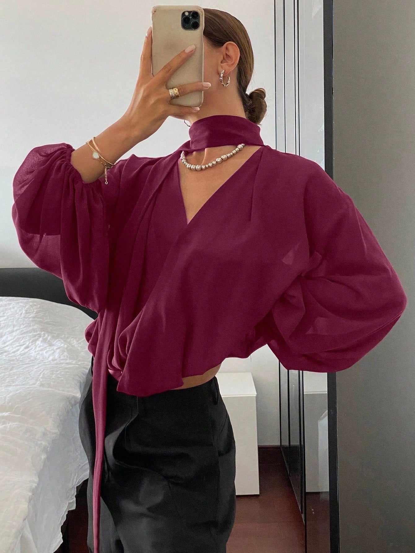 Women Loose Solid Color Long Sleeve Tie Shirt Blouse shein