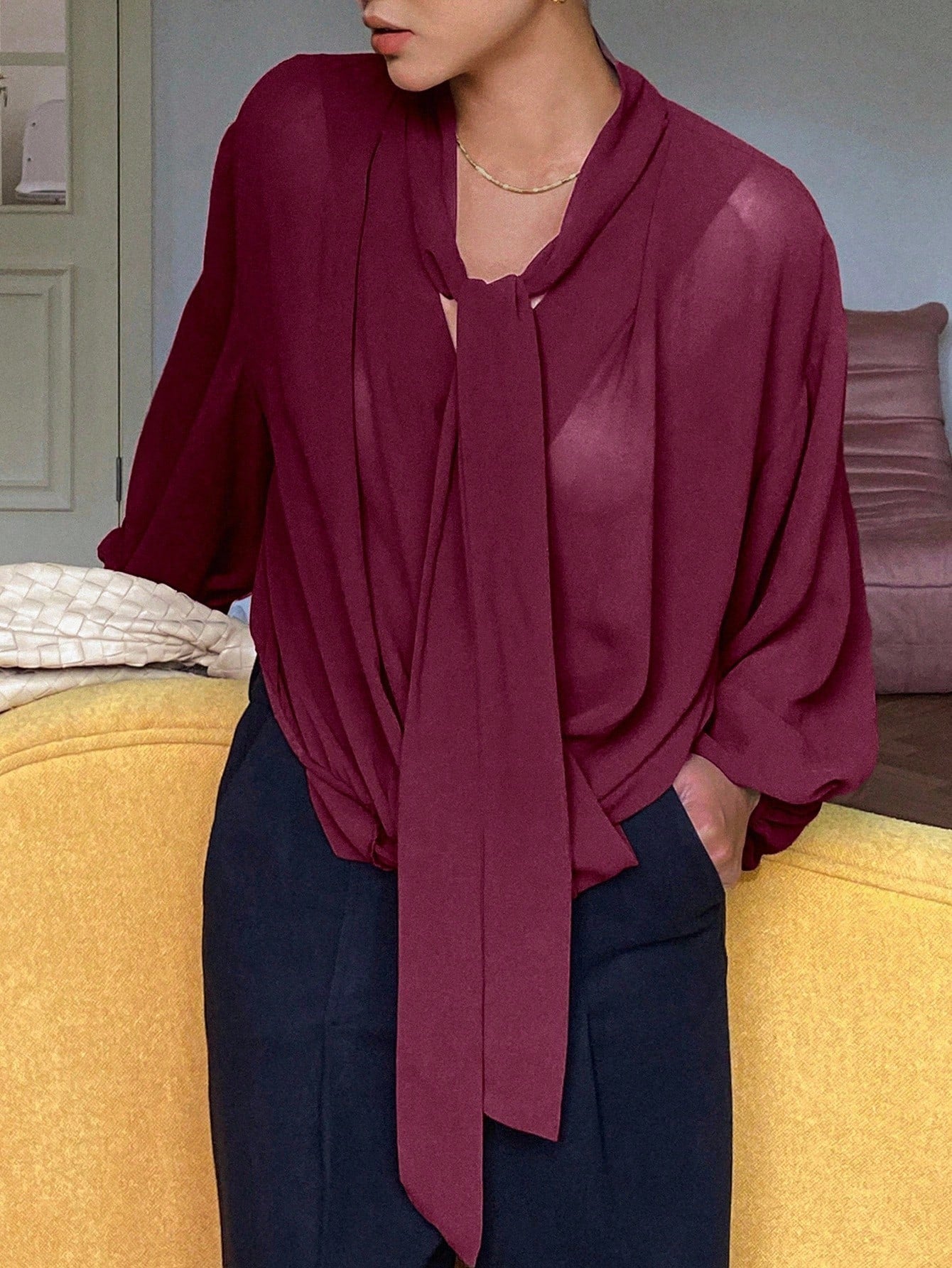 Women Loose Solid Color Long Sleeve Tie Shirt Blouse shein