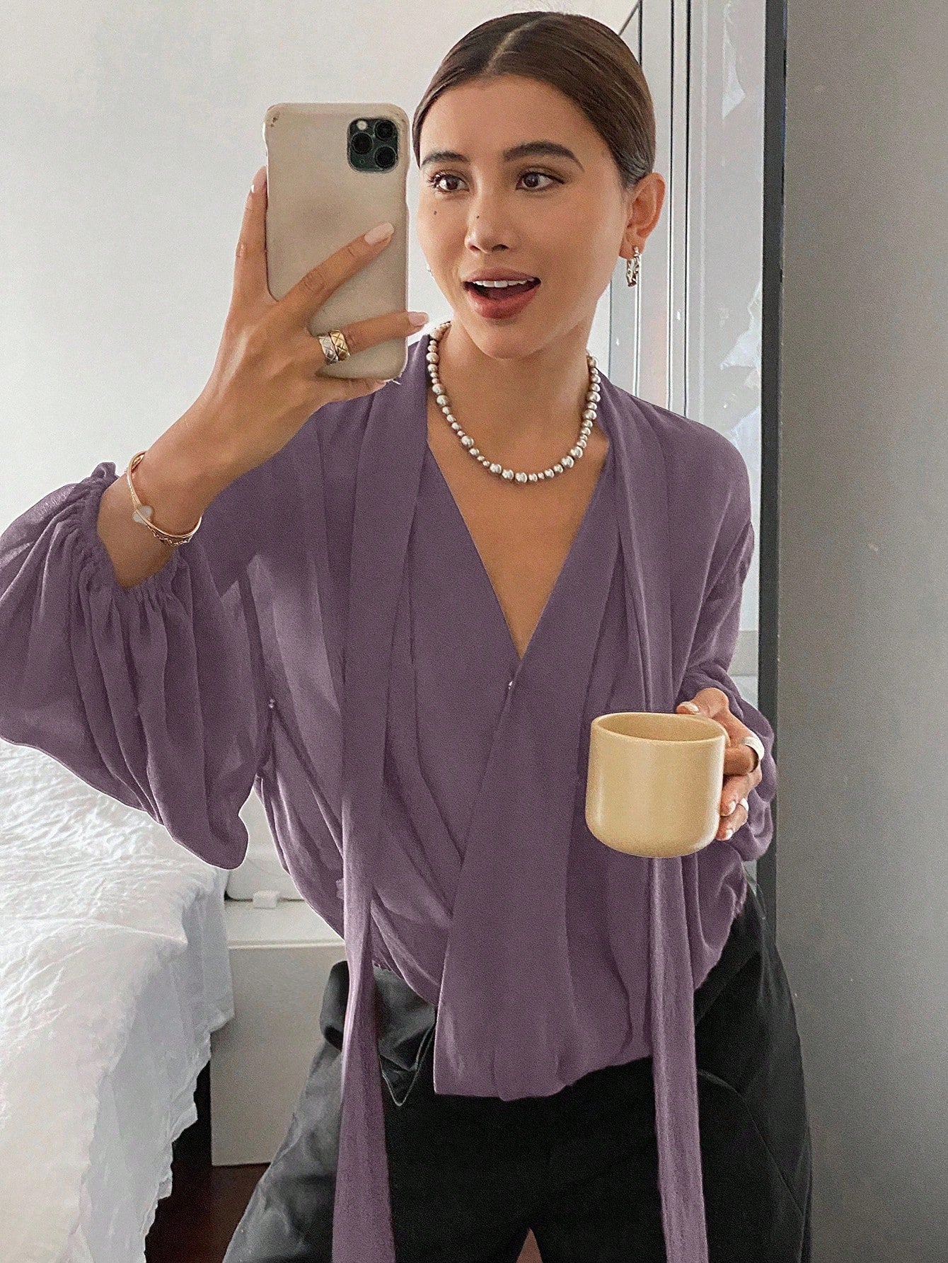 Women Loose Solid Color Long Sleeve Tie Shirt Blouse shein