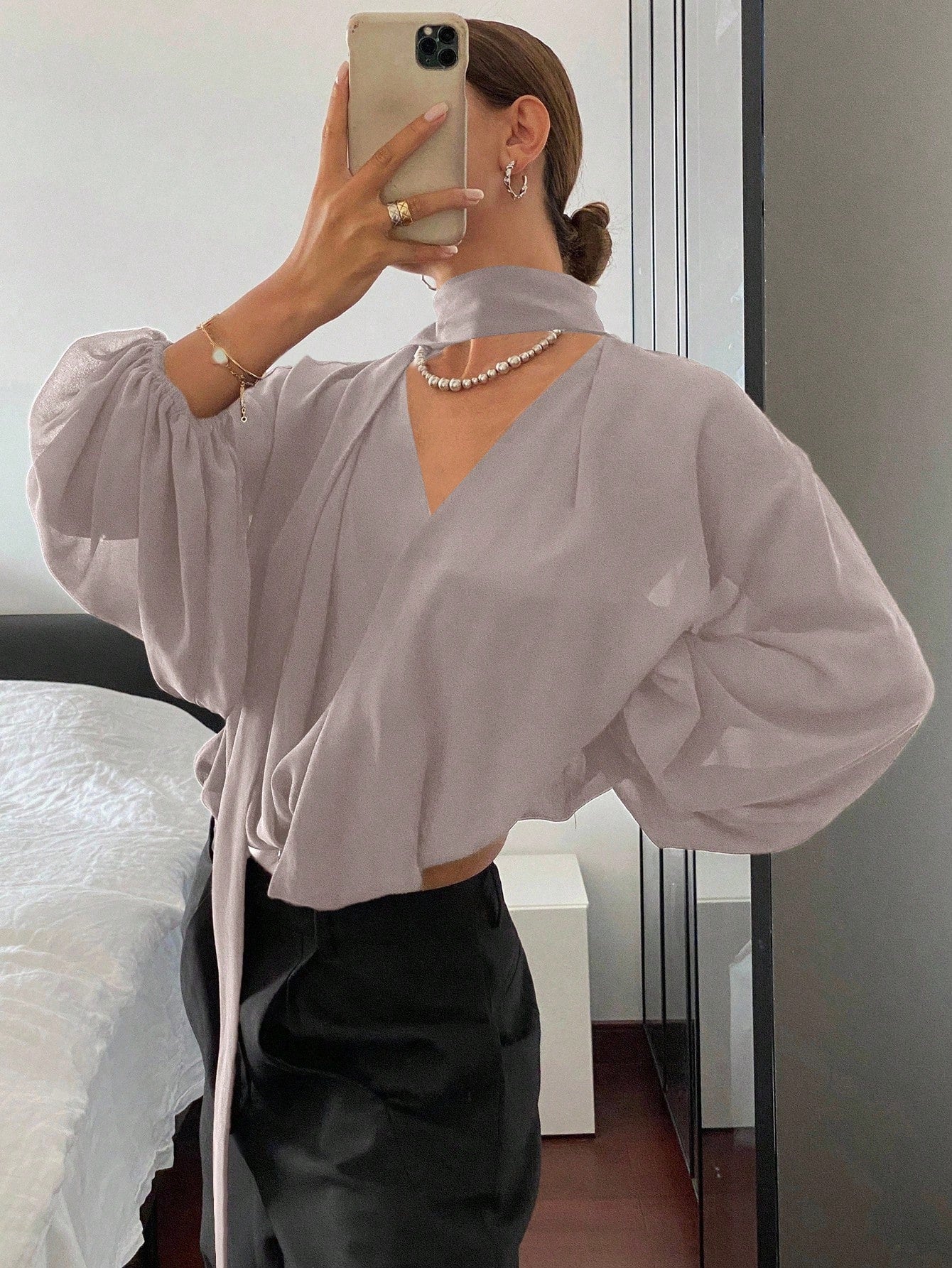 Women Loose Solid Color Long Sleeve Tie Shirt Blouse shein