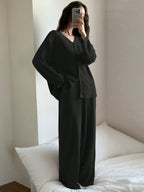 Women Casual Striped Textured Fleece Cardigan And Pants Pajama Set