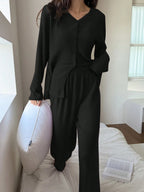 Women Casual Striped Textured Fleece Cardigan And Pants Pajama Set