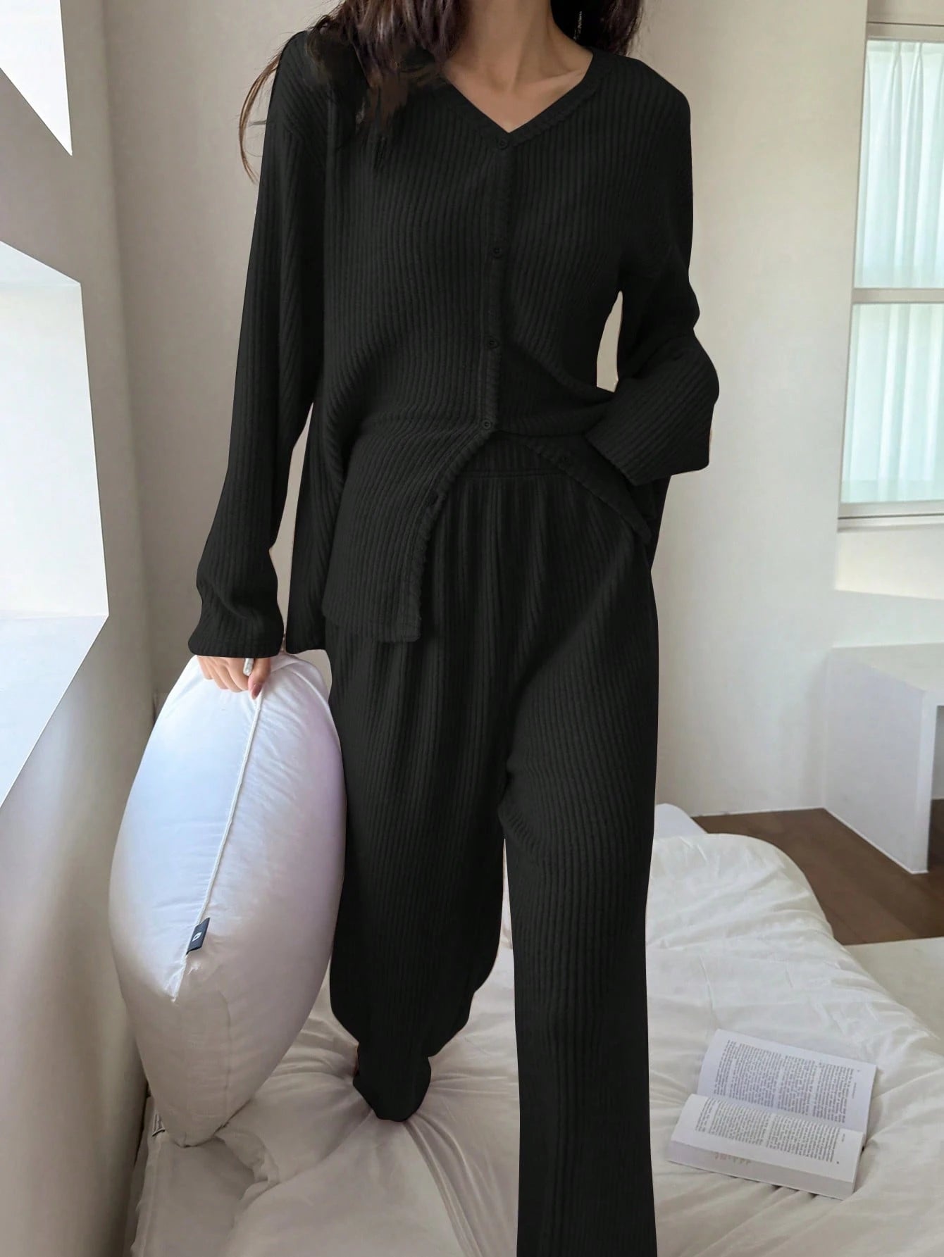 Women Casual Striped Textured Fleece Cardigan And Pants Pajama Set
