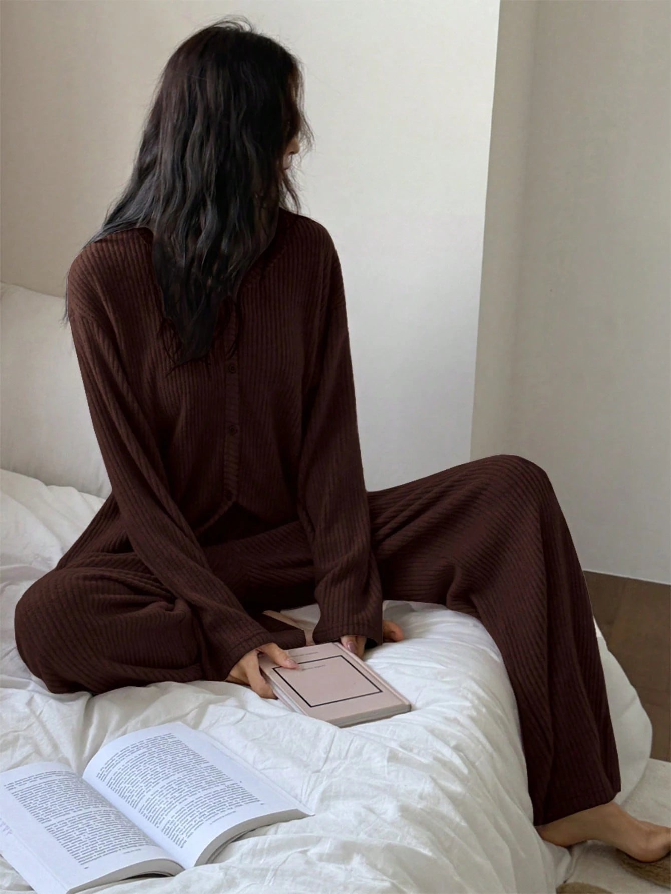 Women Casual Striped Textured Fleece Cardigan And Pants Pajama Set