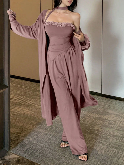 3pcs Set Loose Fit Asymmetrical Hem Floral Decor Cami Top, Long Cardigan And Wide Leg Pants