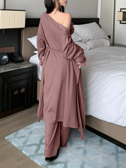 3pcs Set Loose Fit Asymmetrical Hem Floral Decor Cami Top, Long Cardigan And Wide Leg Pants