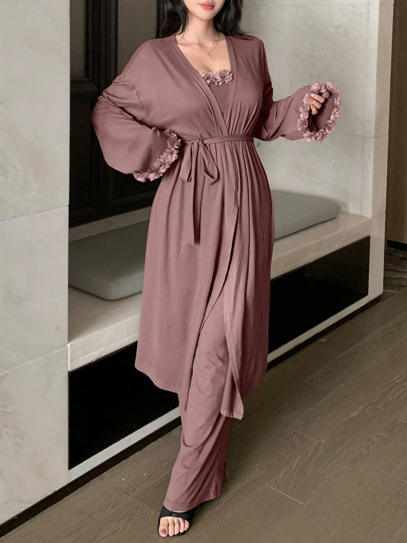 3pcs Set Loose Fit Asymmetrical Hem Floral Decor Cami Top, Long Cardigan And Wide Leg Pants shein