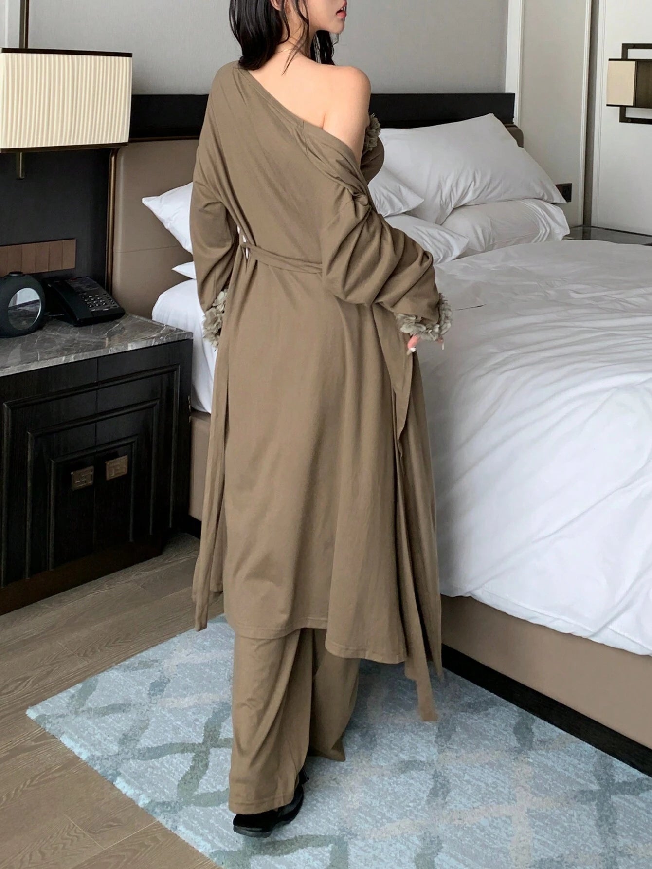 3pcs Set Loose Fit Asymmetrical Hem Floral Decor Cami Top, Long Cardigan And Wide Leg Pants