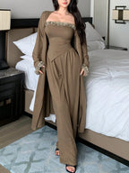 3pcs Set Loose Fit Asymmetrical Hem Floral Decor Cami Top, Long Cardigan And Wide Leg Pants shein