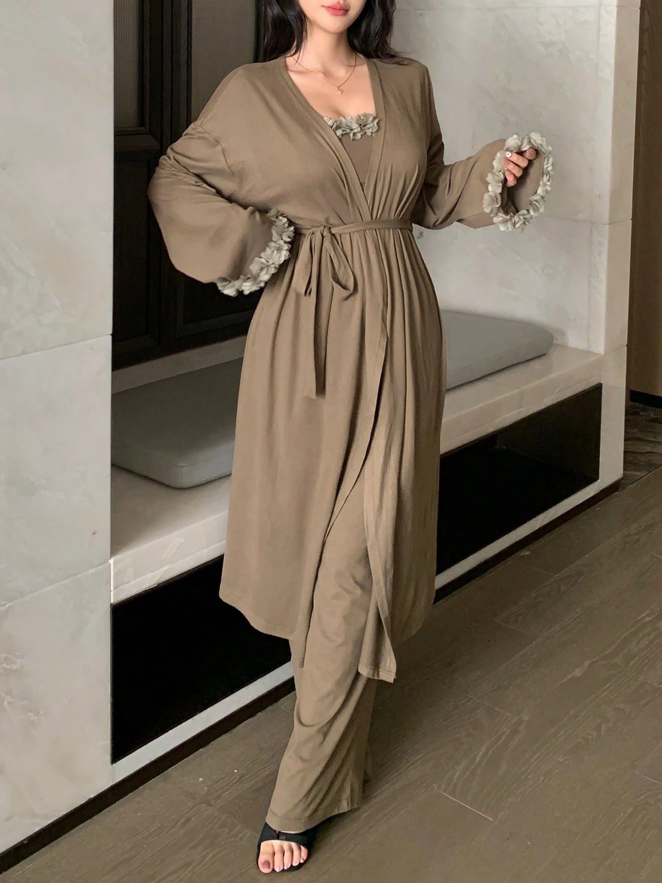 3pcs Set Loose Fit Asymmetrical Hem Floral Decor Cami Top, Long Cardigan And Wide Leg Pants