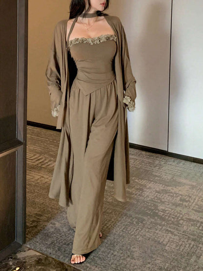 3pcs Set Loose Fit Asymmetrical Hem Floral Decor Cami Top, Long Cardigan And Wide Leg Pants