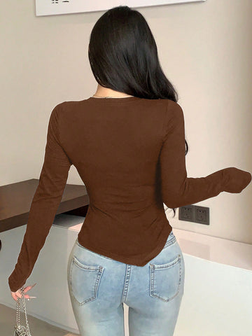 DAZY Asymmetric Design Slim Fit Long Sleeve Women T-Shirt