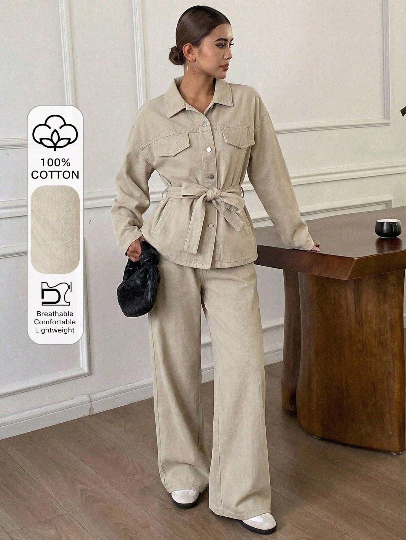 Casual Distressed Wash Waist Cinched Women Denim Suit shein