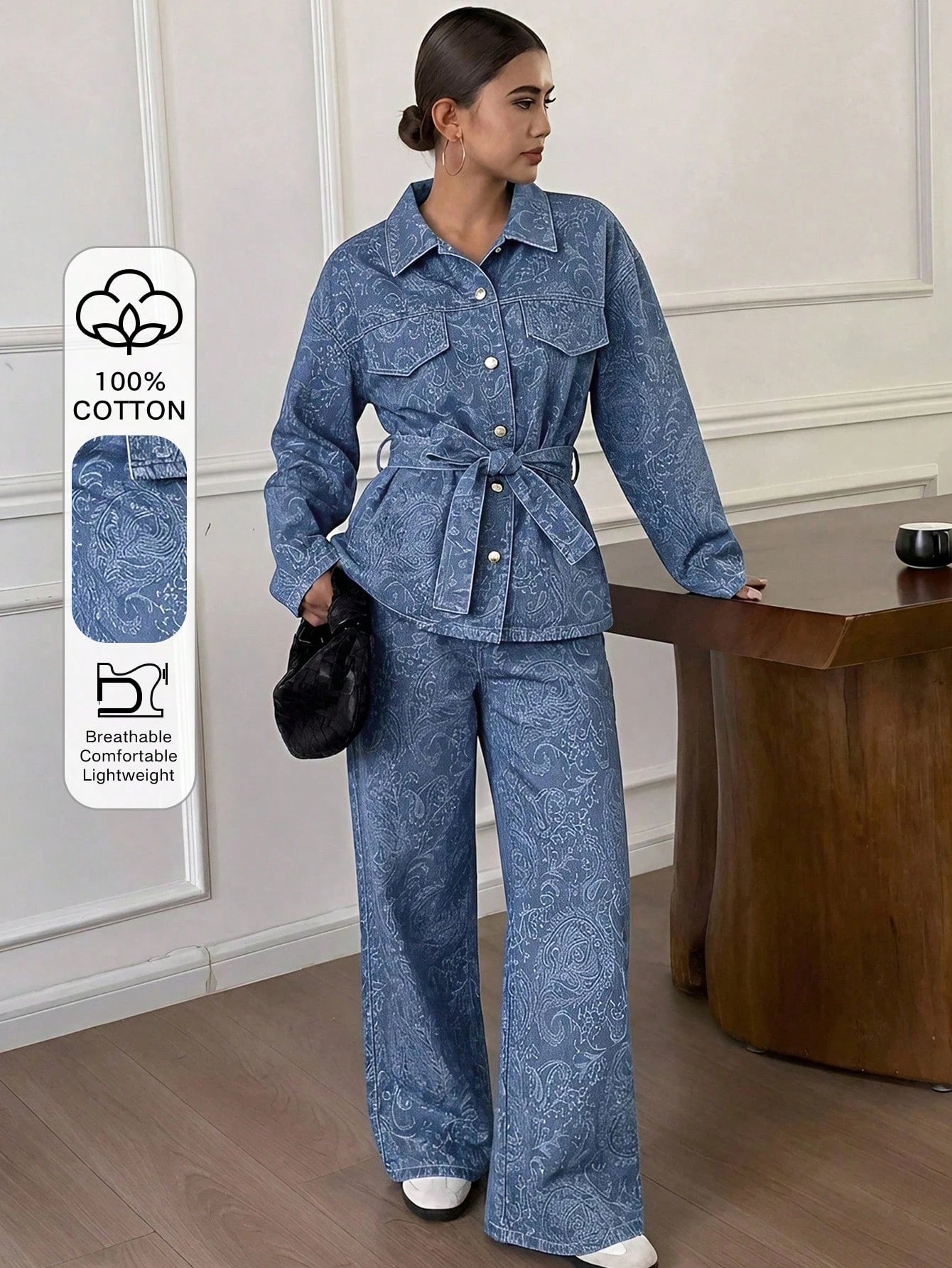 Casual Distressed Wash Waist Cinched Women Denim Suit shein