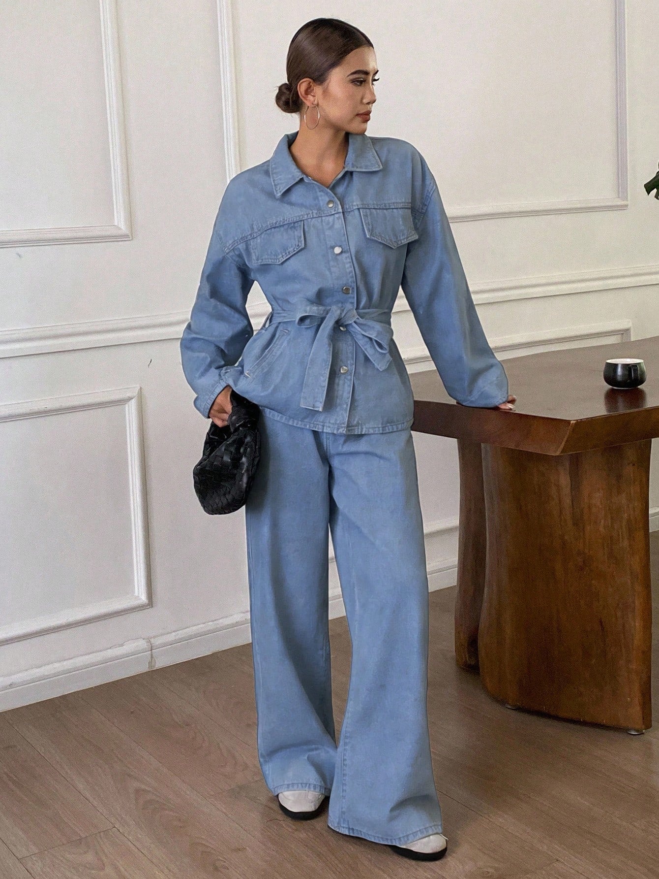 Casual Distressed Wash Waist Cinched Women Denim Suit shein