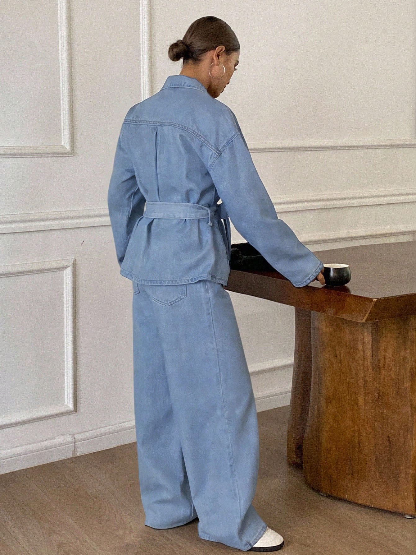 Casual Distressed Wash Waist Cinched Women Denim Suit