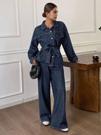 Casual Distressed Wash Waist Cinched Women Denim Suit
