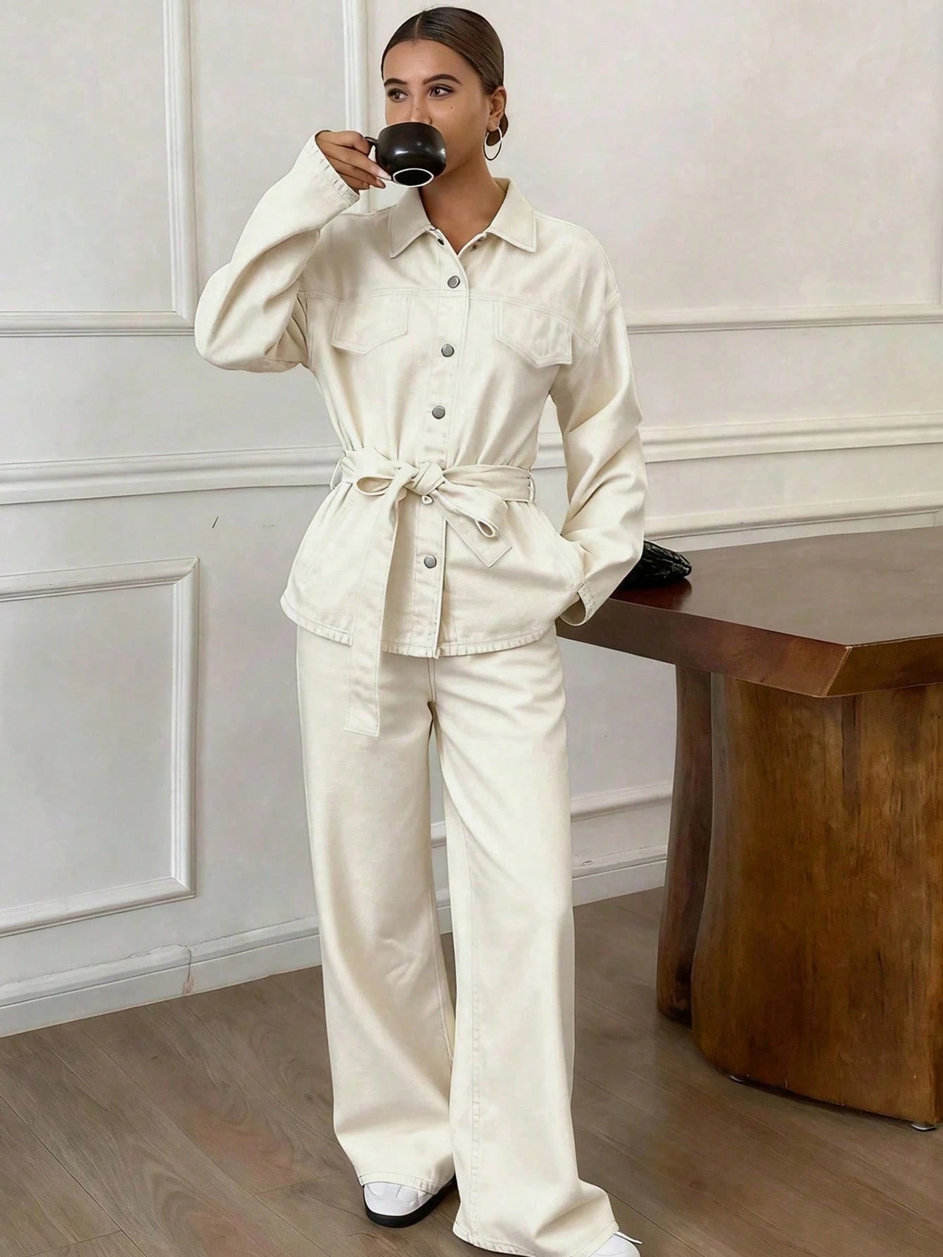 Casual Distressed Wash Waist Cinched Women Denim Suit shein