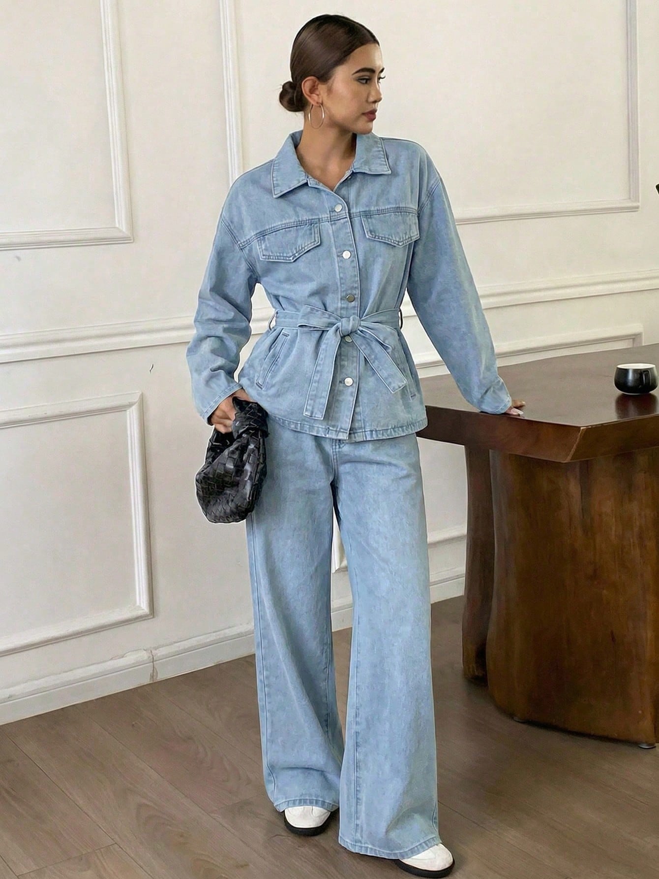 Casual Distressed Wash Waist Cinched Women Denim Suit shein