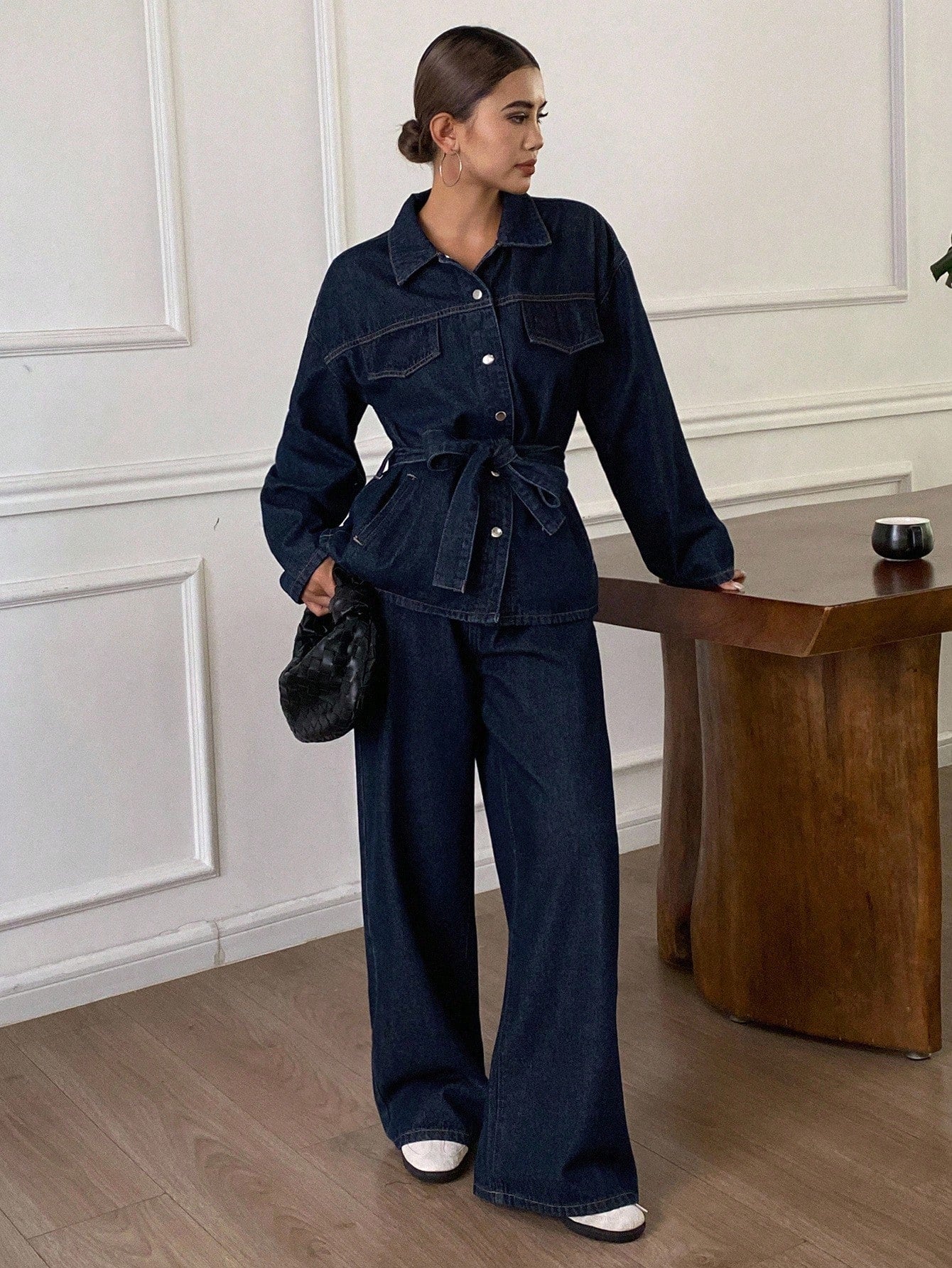 Casual Distressed Wash Waist Cinched Women Denim Suit shein