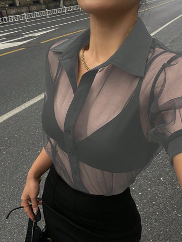 DAZY Minimalist Sheer Mesh Chiffon Short Sleeve Shirt Blouse
