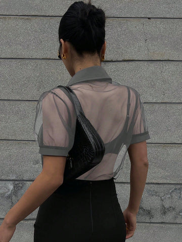 DAZY Minimalist Sheer Mesh Chiffon Short Sleeve Shirt Blouse