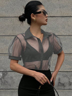 DAZY Minimalist Sheer Mesh Chiffon Short Sleeve Shirt Blouse shein