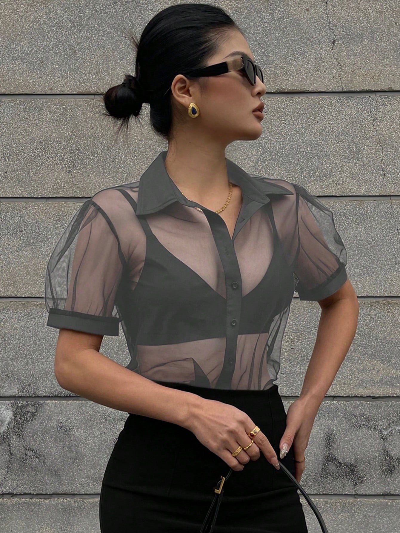 DAZY Minimalist Sheer Mesh Chiffon Short Sleeve Shirt Blouse shein