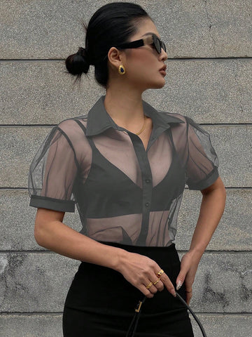 DAZY Minimalist Sheer Mesh Chiffon Short Sleeve Shirt Blouse