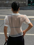 DAZY Minimalist Sheer Mesh Chiffon Short Sleeve Shirt Blouse shein