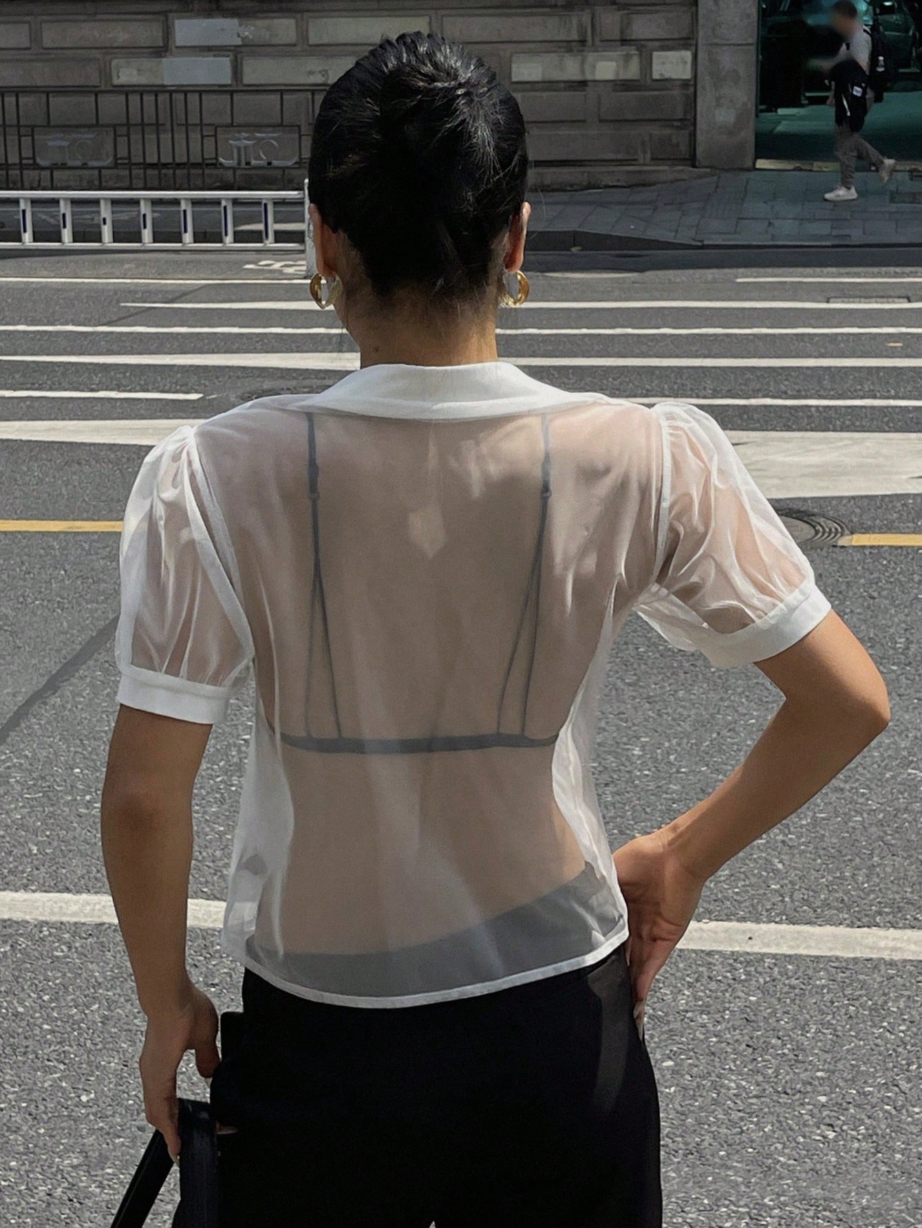 DAZY Minimalist Sheer Mesh Chiffon Short Sleeve Shirt Blouse shein