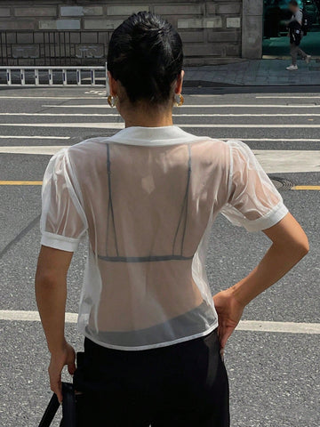 DAZY Minimalist Sheer Mesh Chiffon Short Sleeve Shirt Blouse