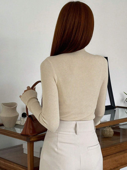 DAZY Cut Out Mock Neck Ribbed Knit Sweater,Long Sleeve Tops