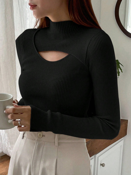 DAZY Cut Out Mock Neck Ribbed Knit Sweater,Long Sleeve Tops