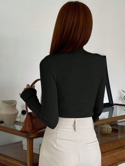 DAZY Cut Out Mock Neck Ribbed Knit Sweater,Long Sleeve Tops