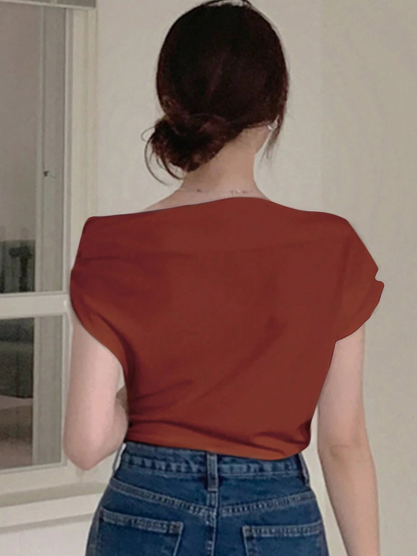 DAZY Solid Asymmetrical Neck Batwing Sleeve Tee shein