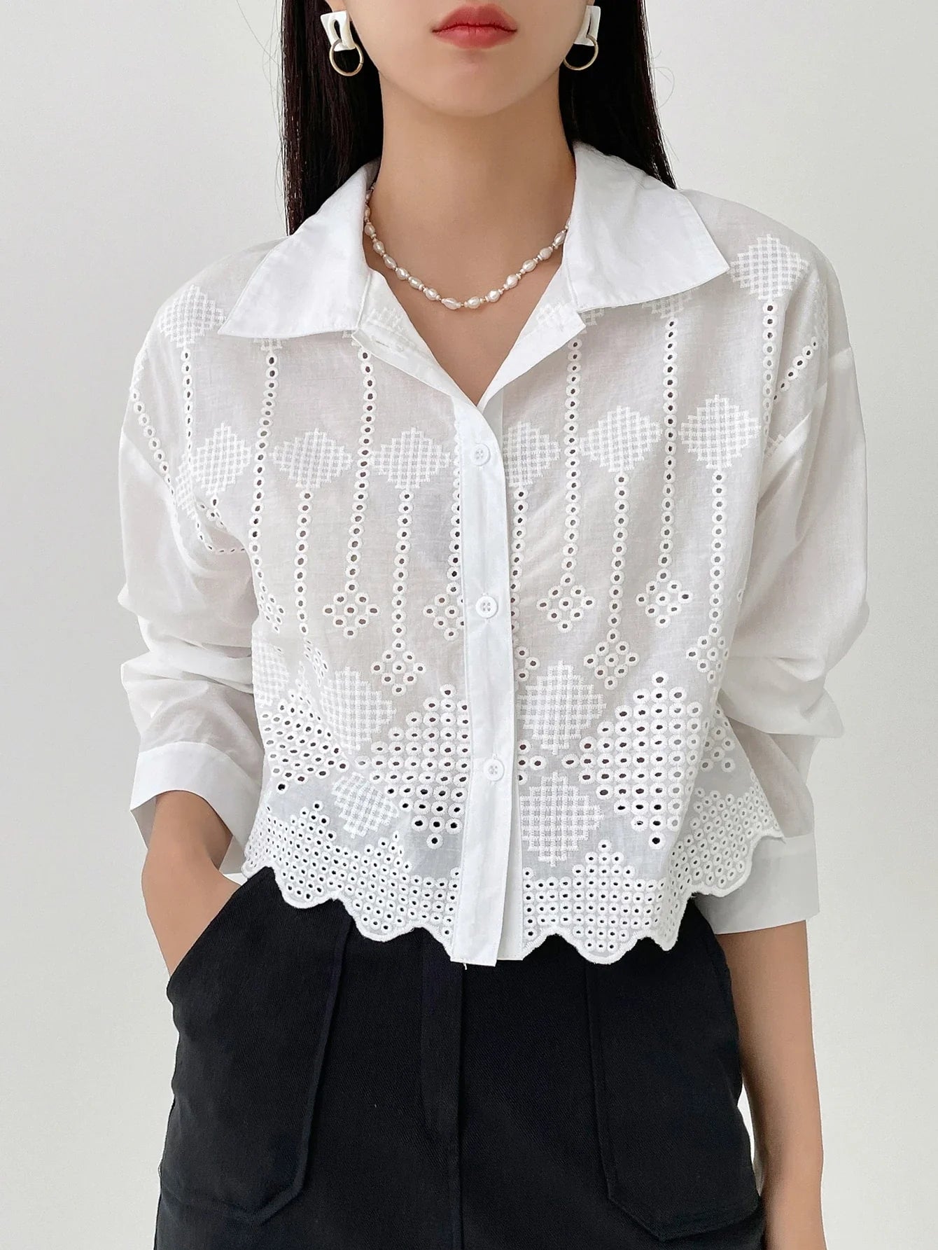 Women Fashionable Solid Color Mesh Hollow Out Long Sleeve Shirt shein