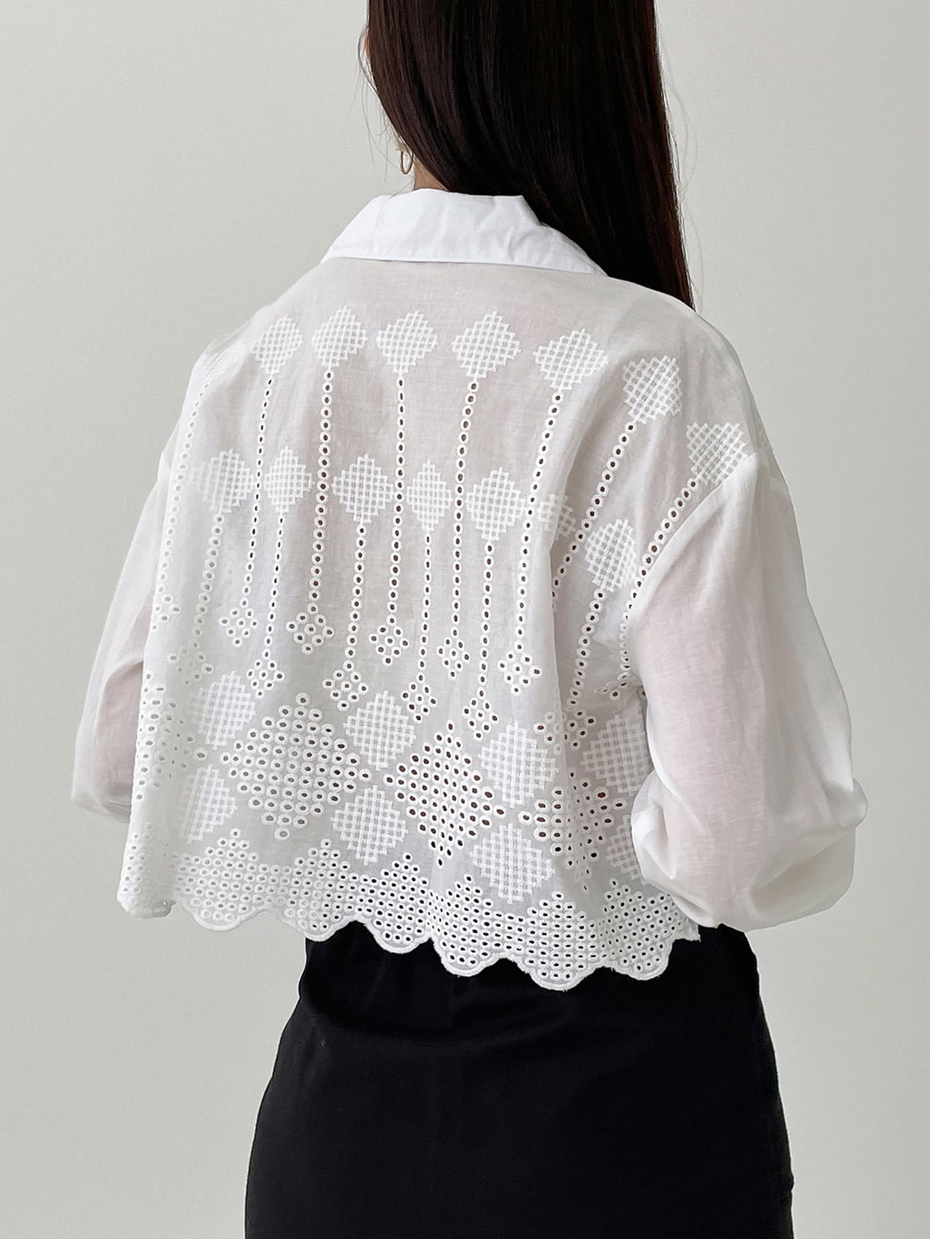 Women Fashionable Solid Color Mesh Hollow Out Long Sleeve Shirt shein