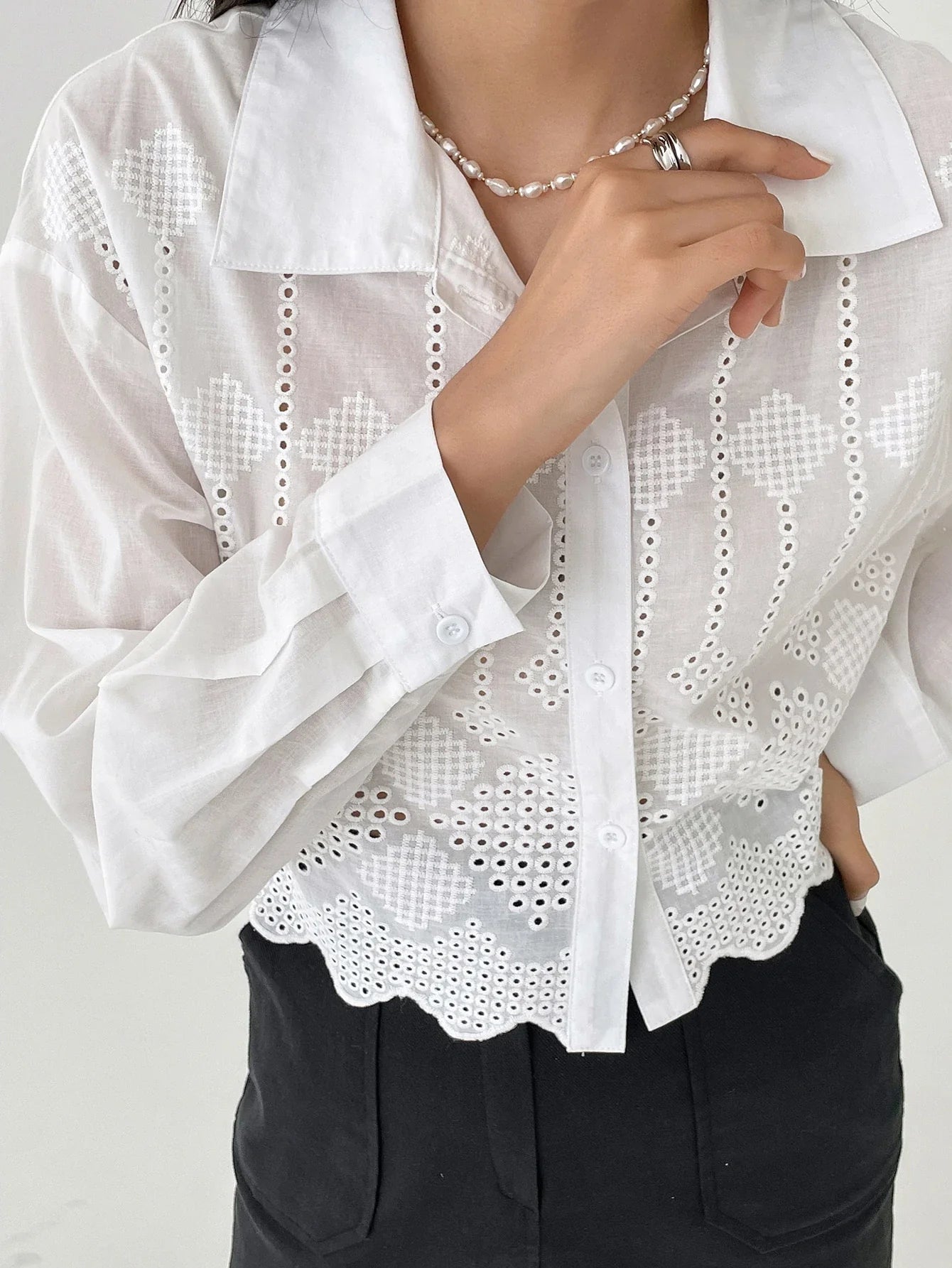 Women Fashionable Solid Color Mesh Hollow Out Long Sleeve Shirt shein