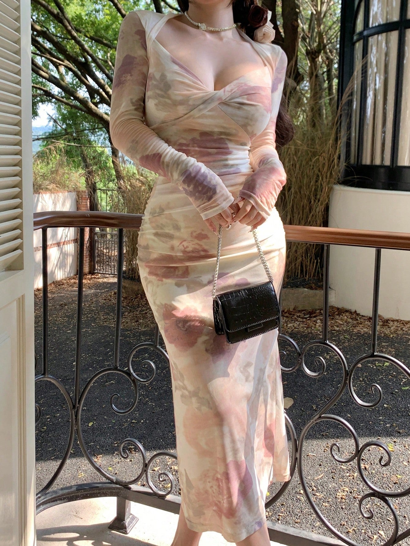 DAZY Mid-Length Rose Floral Print Sheer Overlay Slit Party Dress shein